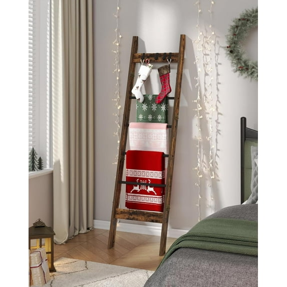 Blanket Ladder Shelf for Living Room, Decorative Wood Quilt Rack with 4 Hooks, 6-Tier, Rustic Brown