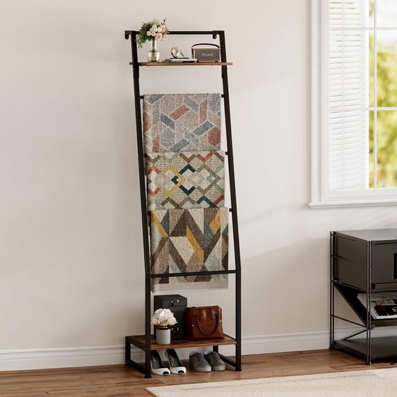 Blanket Ladder with Shelf, 6 Layer Wall-Leaning Rack, Farmhouse Shelf for Storage and Home Decor, Freestanding Rack Bathroom, Rustic Brown