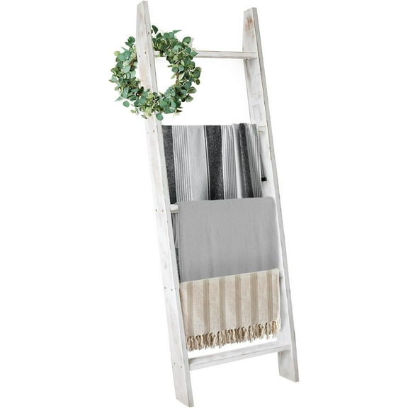 Blanket Ladders for The Living Room, 5-Tier Blanket Holder, Wall-Leaning Blanket Rack, Ladder Shelves, Wooden Quilt Ladder, Farmhouse Decor, White
