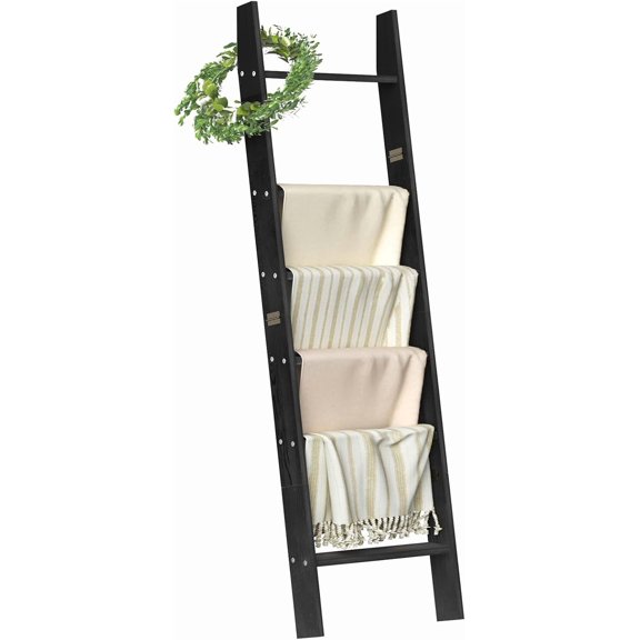 Blanket Ladders for The Living Room, 6-Tier Blanket Holder, Wall-Leaning Blanket Rack, Ladder Shelves, Wooden Quilt Ladder, Farmhouse Decor, Black