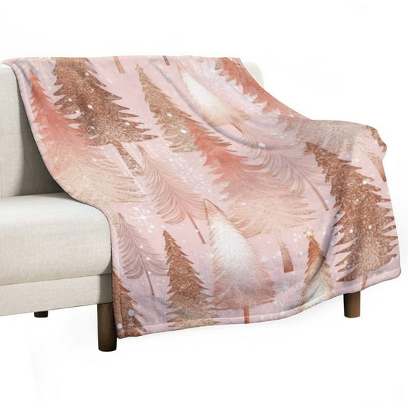 Blanket Pink Rose Gold Metallic Glitter Christmas Trees Plush Throw Fleece Blanket Vintage Christmas Blanket Super Soft Cozy for Bed Couch Car for Adults 50"x60"