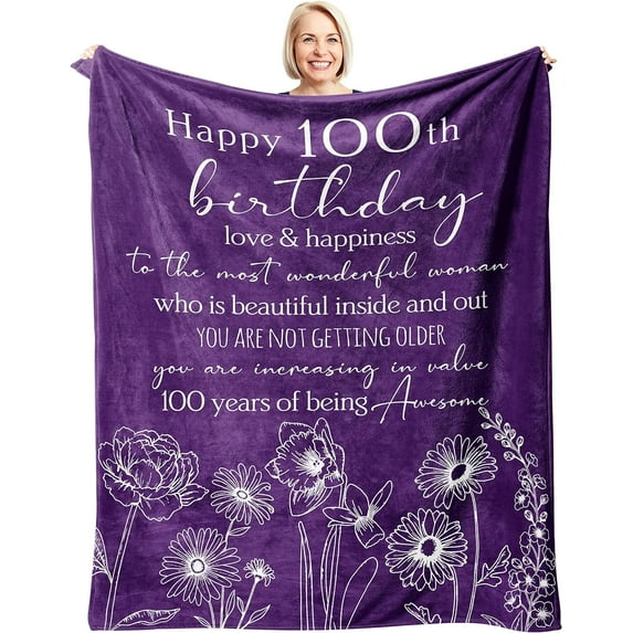 Blanket, Polyester Fleece, 50''''x60'''', Purple-100th Birthday for 100 Year Old Woman, Turning 100, All Seasons, Indoor-Outdoor Use