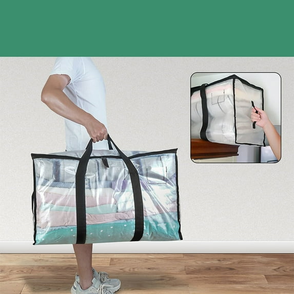 Blanket Storage Bag Large Capacity Organizer | Heavy Duty Foldable Tote | Clear Portable Handle | Strong Load Bearing | Zipper Closure | 69x36x38cm | Clothes Quilt Moving Box Alternative