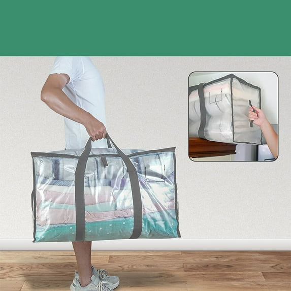Blanket Storage Bag Large Capacity Organizer | Heavy Duty Foldable Tote | Clear Portable Handle | Strong Load Bearing | Zipper Closure | 69x36x38cm | Clothes Quilt Moving Box Alternative
