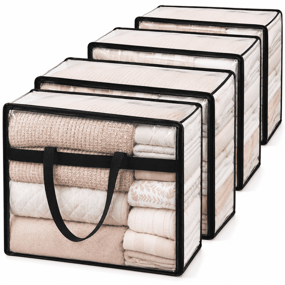 PLERISE 60L Extra Large Clear Storage Bag, Vinyl, with Zipper and Handle, for Clothes Blanket Bedding, 4-Pack