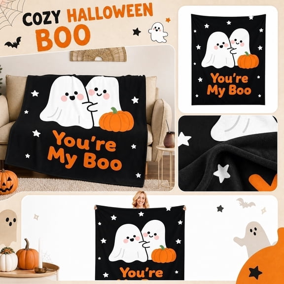 Blanket Throw, Cute Halloween Blanket, Halloween Pumpkin Decor, Halloween Ghost, 59X51 Inch Soft Black Fleece Blanket Printed with "You'Re My Boo", Friendly Cartoon Ghosts and