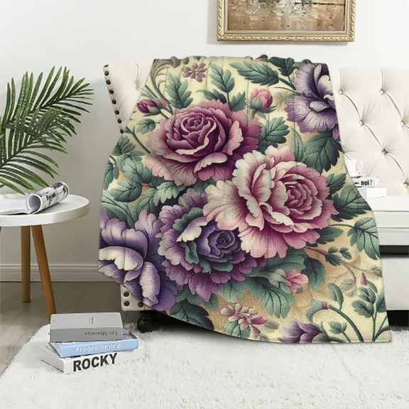 Blanket, flannel blanket - silky soft and warm, bed blanket, purple flowers