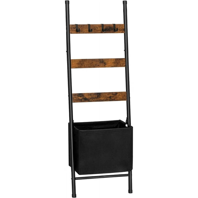 Blanket ladder with basket, 17.3 "L x 63.4" H, hooked towel rack, blanket rack, decorative ladder rack, bathroom drying rack and display rack, living room