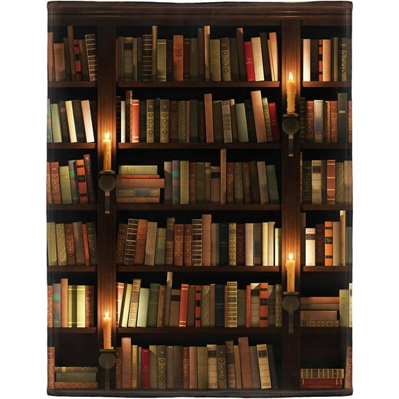 Blanket with Books on It, Soft Warm Fleece Throw Blankets for Book Lovers Gift Ideas, Vintage Library Bookshelf Candlelight, 60"x80"