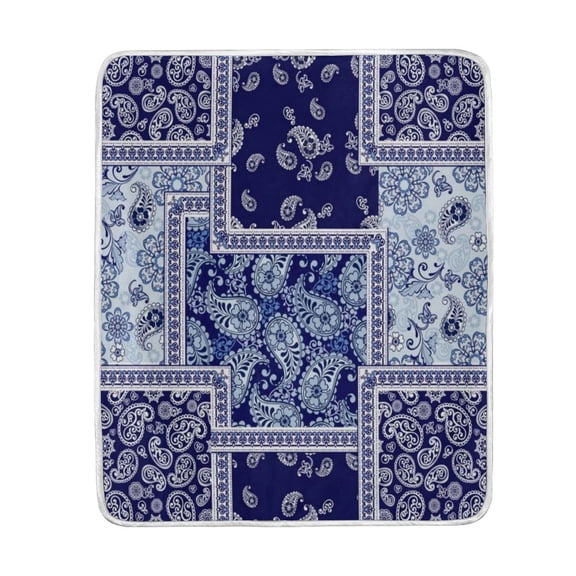 Blankets 60" × 80" Soft and Breathable Bed Blankets Customized Fluffy Throw Blankets for Bed Couch Sofa Blue Paisley Patchwork