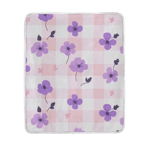 Blankets 60" × 80" Soft and Breathable Bed Blankets Customized Fluffy Throw Blankets for Bed Couch Sofa Pink Plaid with Purple Flowers