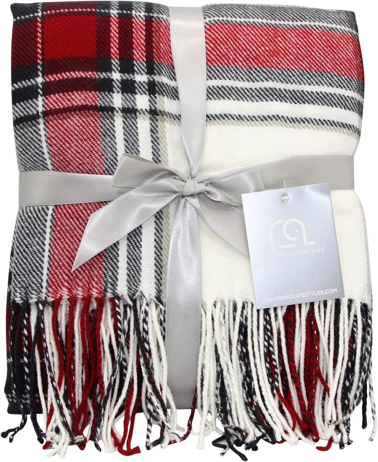 Ivory and Red Plaid Wool Throw Blanket 50" x 60"