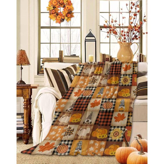 Blankets, Fall Thanksgiving Pumpkin Gnome Maple Leaf Flannel Fleece Blanket Soft Bed Blanket, Orange Buffalo Plaid Fuzzy Cozy Warm Fleece TV Blanket for Sofa Couch Chair 30 x 40 inches