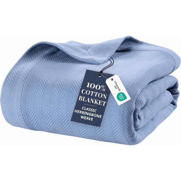 Blankets Queen Size, 100% Cotton Textured Herringbone Weave