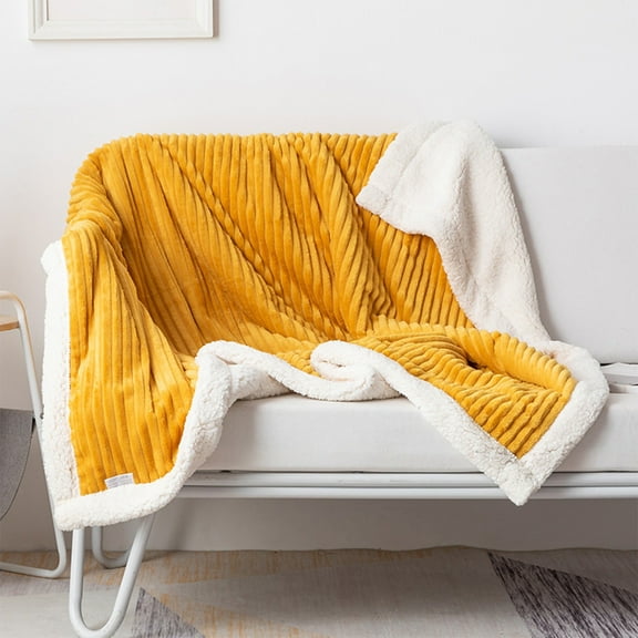 Blankets Up to 70% Off Hwkond Thickened Double Solid Striped Lamb Flannel Pulled Rug Sofa Cover(Yellow,100x150cm)