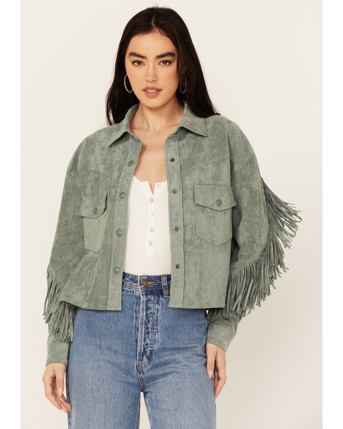 Blanknyc Women s Faux Suede Fringe Jacket Green Medium US Walmart