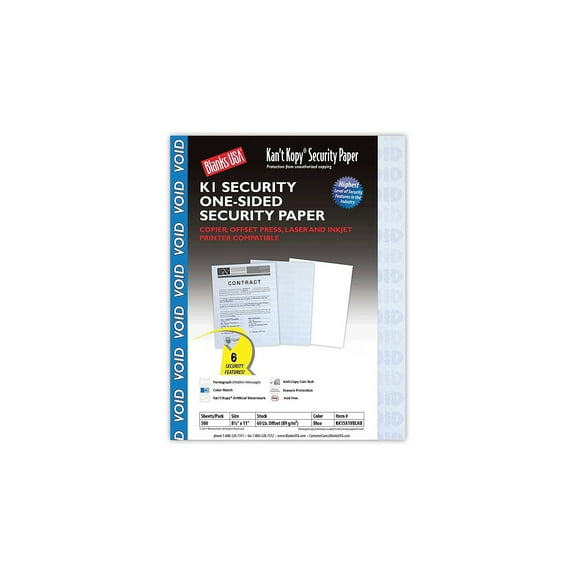 Blanks USA Kan't Kopy 8.5" x 11" Security Paper 60 lbs. Blue 500 Sheets/Ream (KK15A1VBLNB)