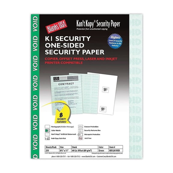Blanks USA Kan't Kopy 8.5" x 11" Security Paper 60 lbs. Green 250 Sheets/Pack (KK12A1VGR)