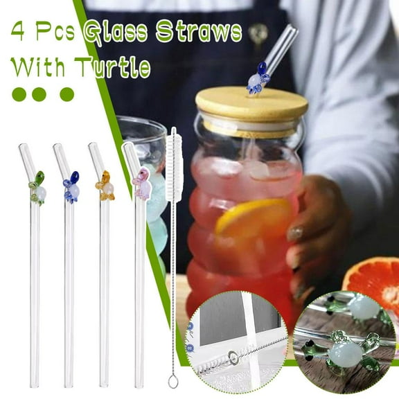 Blarkrus 4 Pcs Glass Straws with Turtle Reusable Turtle Design Glass Straws with Drinking Bend Glass Brushes,F Stra Cleaning