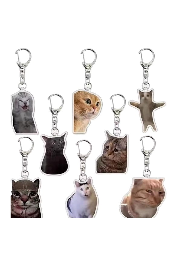 8 Pack Cat Face Keychain 1 Piece, Funny Meme Expression Design, for Backpack Pendant Decoration Setup and Daily Use, Multicolor