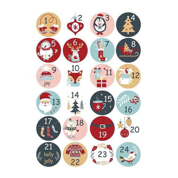 Blarkrus Advent Calendar Stickers, 24-Pack 1.8 Inch Round Paper Stickers, Peel-and-Stick Daily Countdown, Holiday Decor for Windows and Fridges
