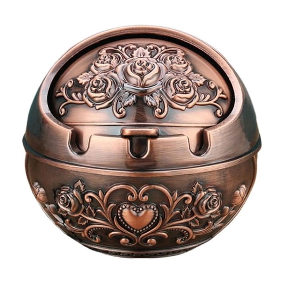 Blarkrus Ashtray Bronze Rose European, Lid Keeps Ash Contained, for Home Living Room Decorative Setup and Daily Use, Red