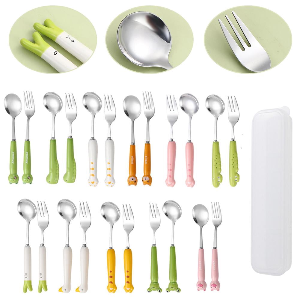 Blarkrus Cute Ceramic Handle Stainl Stl Spoon Fork Set Cartoon Ani mal ...