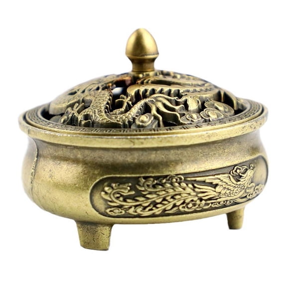 Blarkrus Incense Burner Alloy, Exquisite Relief Dragon and Phoenix Design, for Home Decor Office Study Room, Gold, 1set