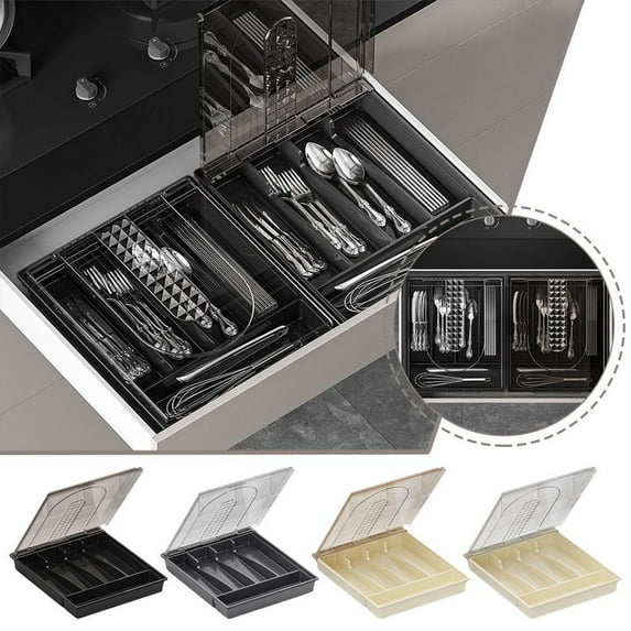 Blarkrus Organizer with Lid, 5 Compartments Covered Utensil Tray for Kitchen Drawer
