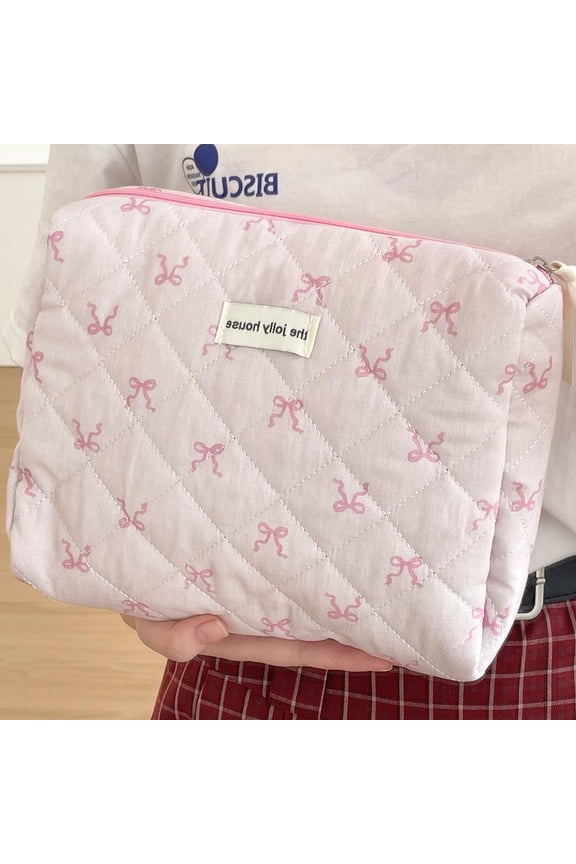 Pink Bowknot Women Cosmetic Bag Portable Zipper Makeup Organiz Travel