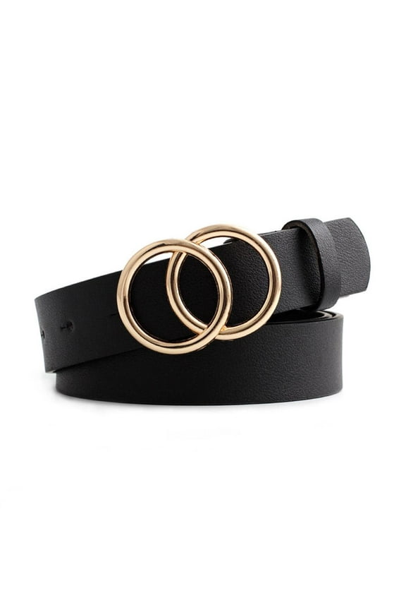 Women Faux Leather Belt Double Rings Belt Waist Belts` Waistband Fast