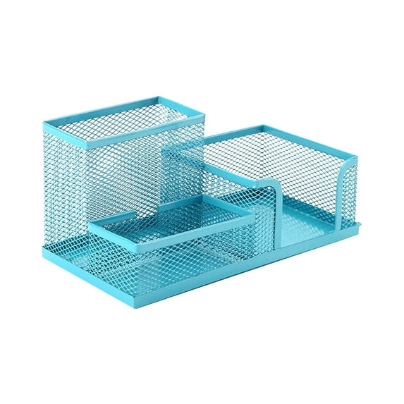 Blasgw Mesh Pencil Holder for Desk - Black Metal Pen Organizer with 3 Compartments for Office Supplies, Cell Phone, Sticky Notes - Desktop Stationary Caddy with Non-Slip Base Blue