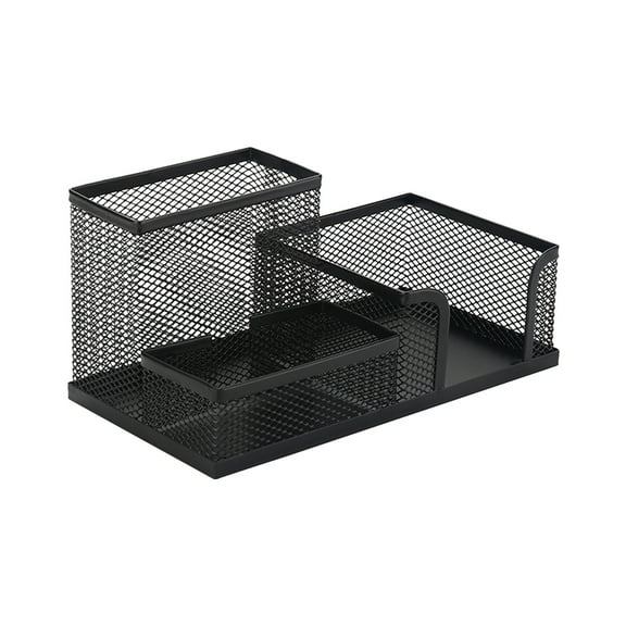Blasgw Mesh Pencil Holder for Desk - Black Metal Pen Organizer with 3 Compartments for Office Supplies, Cell Phone, Sticky Notes - Desktop Stationary Caddy with Non-Slip Base Black