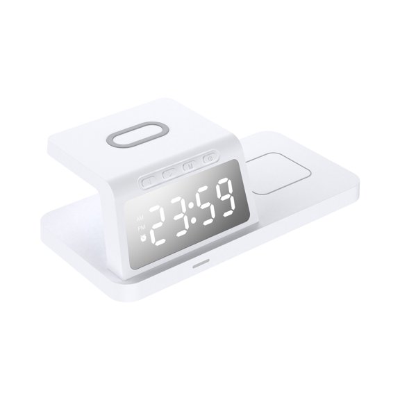 Blasgw Wireless Charging Station With Digital Alarm Clock Charging Station For Multiple Devices 15W Wireless Charger Stand IOS & Android White