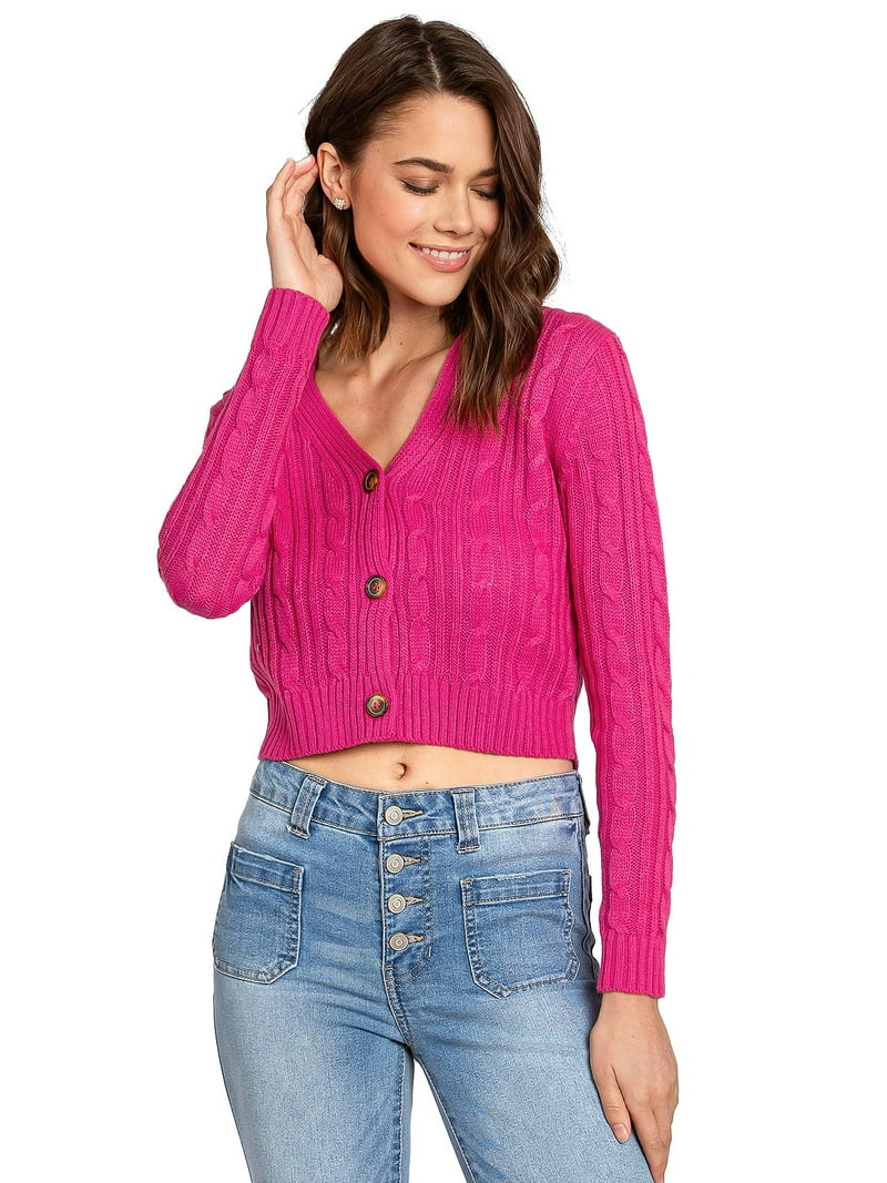 Blashe Women's Juniors Cropped Cable Knit Cardigan (Hot Pink