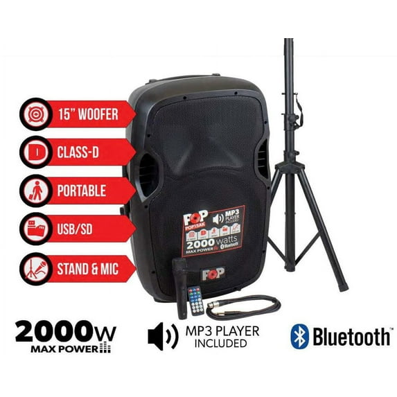 15-in Bluetooth Active Amplified Speaker Box w/Speaker stand, Wired microphone and XLR cable Built-in MP3 Player USB