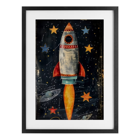 Stupell Industries Blast Off Rocketship Black Framed Print Under Glass, design by Creative Studio, 20 x 14
