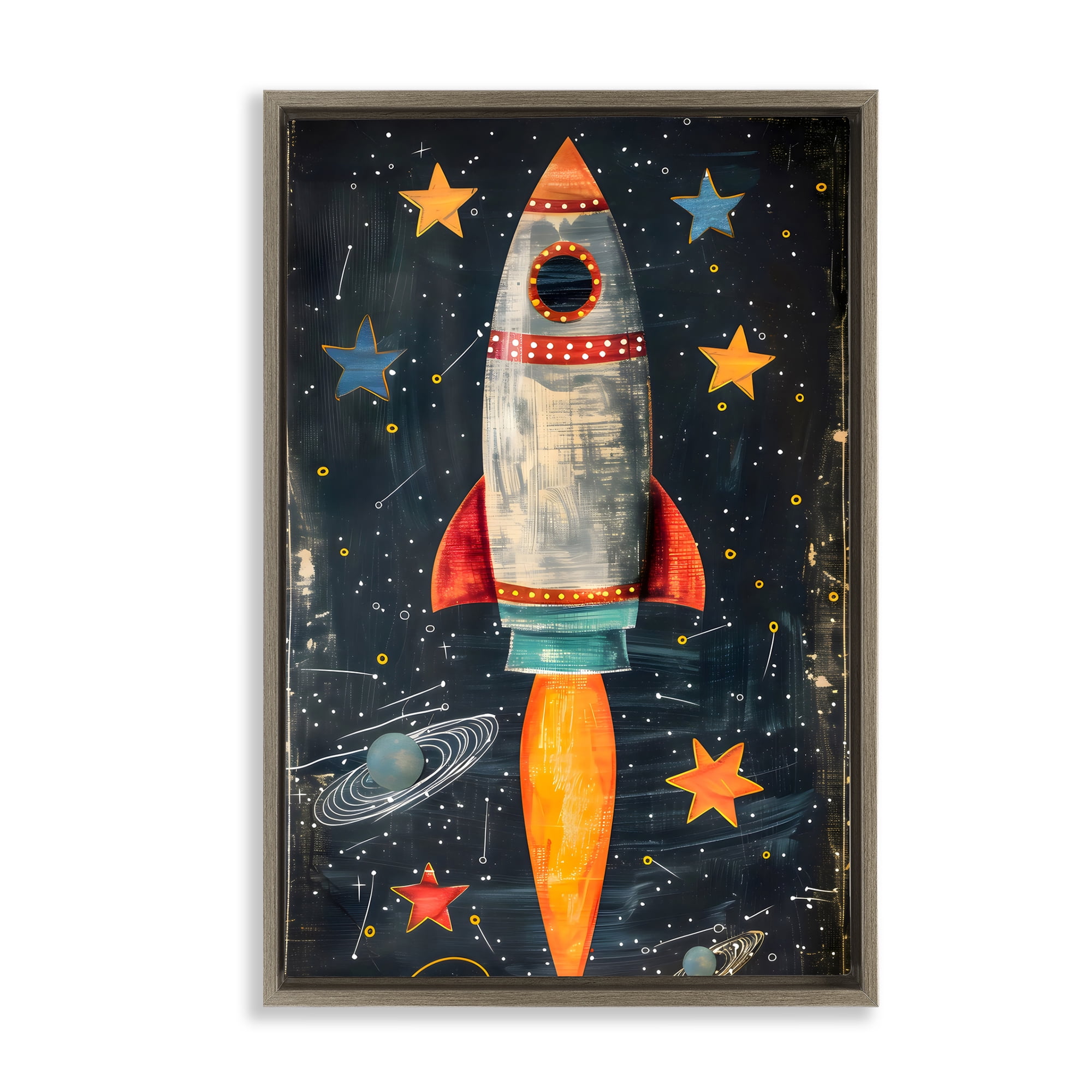 Stupell Industries Blast Off Rocketship Brown Framed Floater Canvas ...
