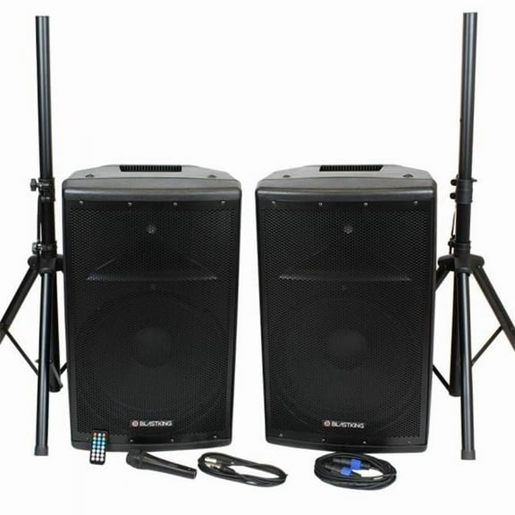 Blastking BDT15CMB2 15 in. 1000W Active & Passive Speaker Box System with Mic & Stand, Black