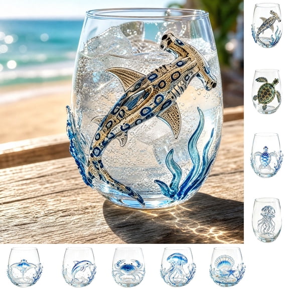 Blateno 2D Hand-Painted Marine Animal Stemless Glass Tumbler, Borosilicate Ocean Themed Drinking Cup, Coastal Sea Creature Water Wine Cocktail Glass Gift for Beach Lovers Home Bar Decor