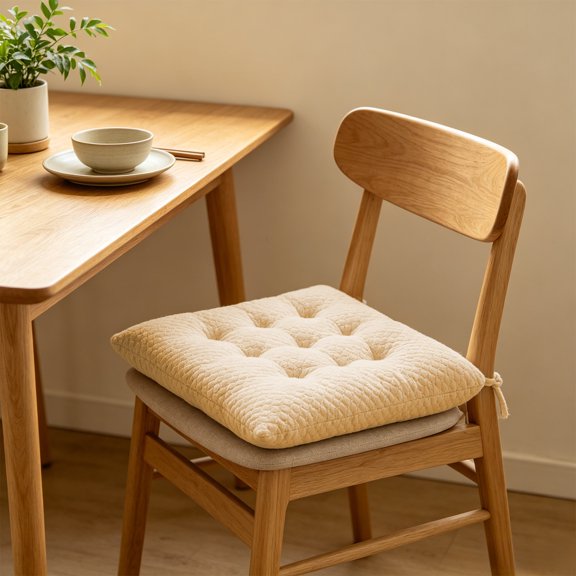 Blateno 38×38cm Waffle Textured Polyester Seat Cushion, 9-Point Tufted Anti-Clumping Chair Pad with Fixed Ties, Soft Support Butt Pad for Dining Office Dorm Balcony Chairs