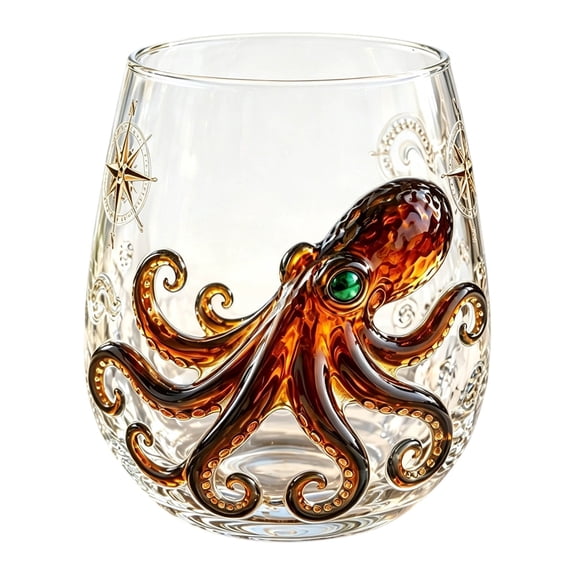 Blateno 3D Embossed Octopus Stemless Wine Glass, Nautical Compass Pattern Large Clear Tumbler, Sea Creature Themed Cocktail Whiskey Cup Gift for Ocean Lovers Home Bar Decor