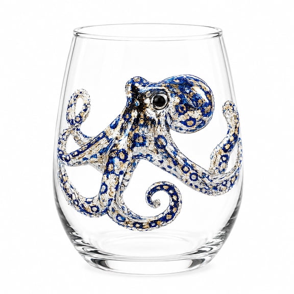 Blateno 3D Embossed Octopus Stemless Wine Glass, Nautical Compass Pattern Large Clear Tumbler, Sea Creature Themed Cocktail Whiskey Cup Gift for Ocean Lovers Home Bar Decor