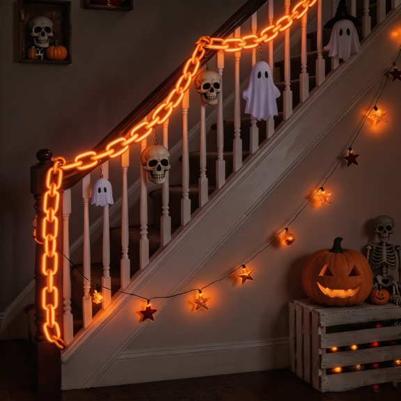 Blateno 79 Inch Halloween LED Chain String Lights Remote Control Timer 8 Modes Orange Purple Waterproof Glow Chain Light for Fireplace Porch Indoor Outdoor Halloween Party Decorations