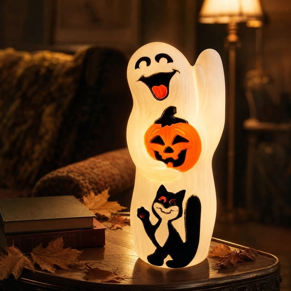 Blateno Battery Operated Ghost Pumpkin Black Cat LED Night Light Translucent Glowing Halloween Table Lamp with Timer Cute Desktop Ornament for Mantel Bookshelf Bedroom Holiday Decor