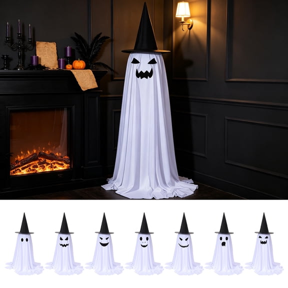 Blateno Freestanding Ghost Halloween Porch Decor with Witch Hat 7 Funny Face Designs Standing Ghost Yard Ornament Indoor Outdoor Reusable Halloween Party Front Door Lawn Decor Prop