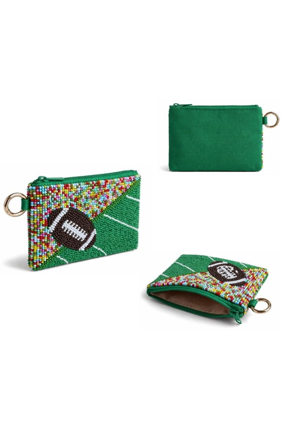 GAME DAY Beaded Mini Zipper Coin Purse, Women Sparkly Bead Decor Small Wallet with Keychain Ring, Compact Polyester Pouch for Cash Lipstick Keys Game Day Sports Accessory
