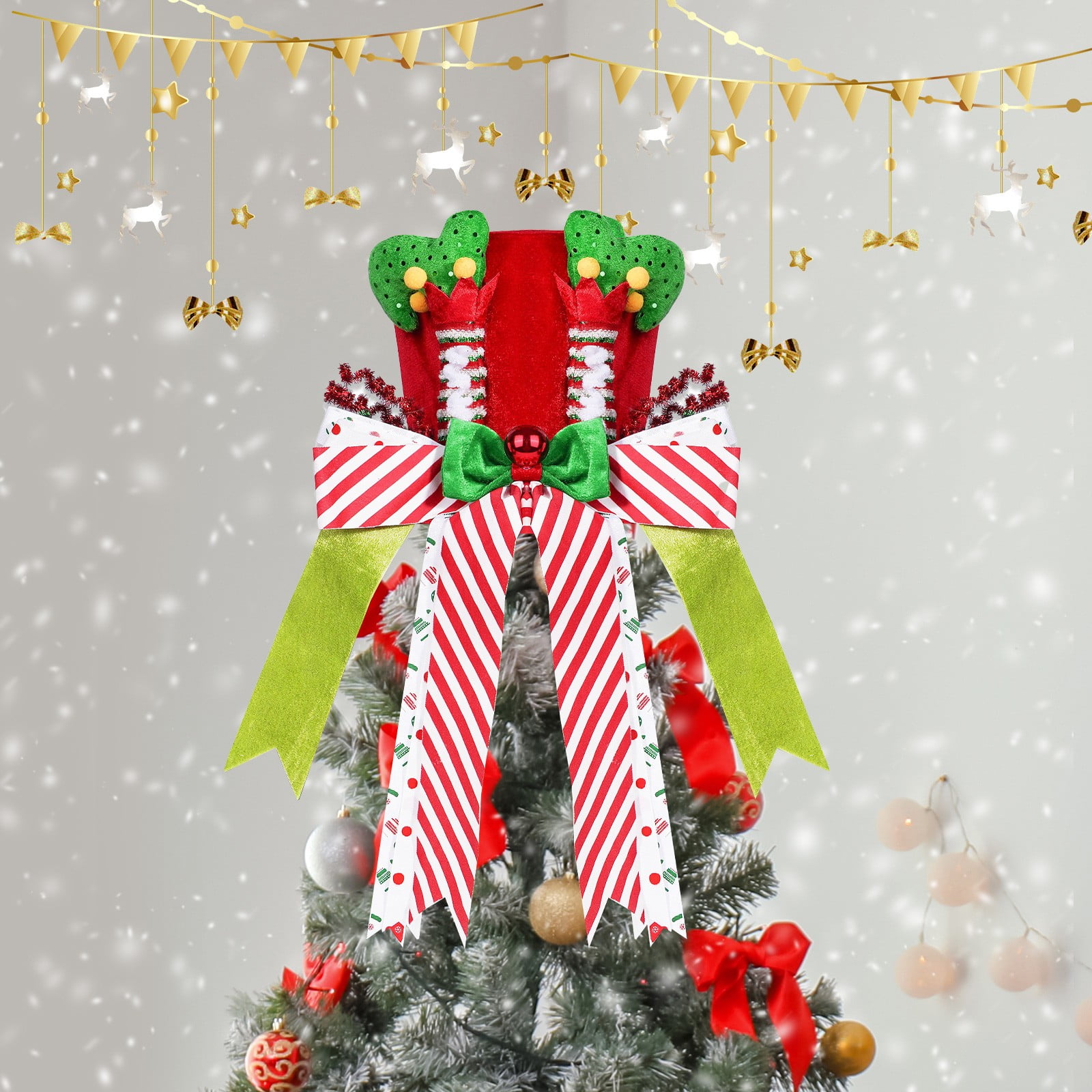 Blateno New Christmas Tree Ornaments Tree Top Star Striped Bow Tree Hat