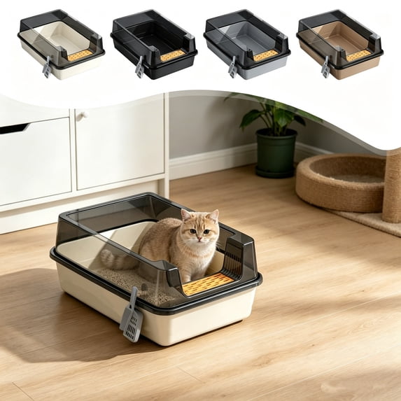 Blateno Semi Enclosed High Sides Cat Litter Box with Litter Scoop, Anti-Splash Detachable Plastic Kitten Toilet, Odor Control Filter Mat Large Capacity Litter Pan for Indoor Cats
