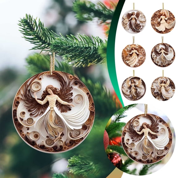 Blateno Vintage Paper-Cut Angel Christmas Ornament, Round Plastic Hanging Xmas Tree Pendant with Built-In Rope, Retro Brown White Layered Print Decor for Wreath Fireplace Holiday Gift Family Friends